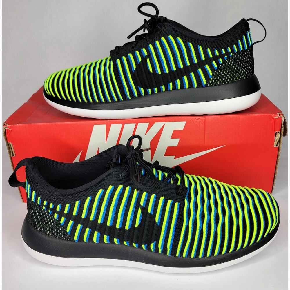 NEW Nike Roshe Two Flyknit Women's Shoes US Size 9 Black Photo Blue Volt Neon